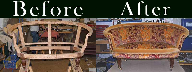 before and after of antique sofa upholstery renoveration